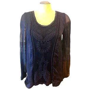 Carla Conti Silk Blouse with Embroidered Bird Pattern on Sheer Overlay in Navy